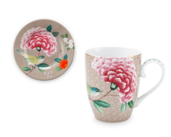Juego de Mug y Platillo Birds Caqui